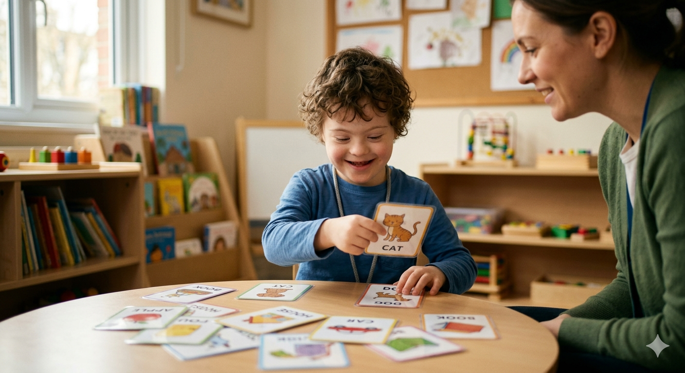 A child practicing communication skills with a therapist during a learning activity