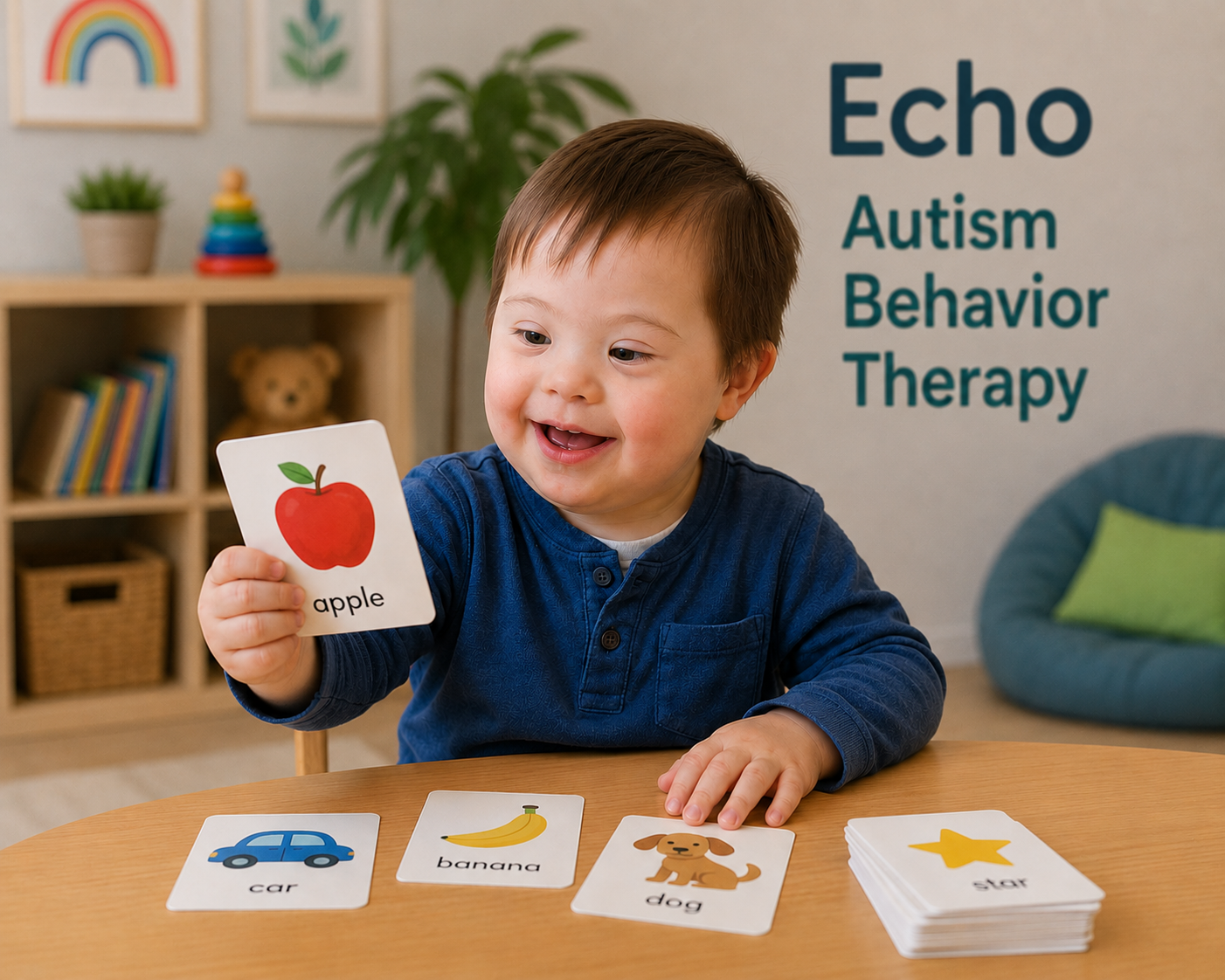 A young child using a picture card during a learning activity in a welcoming therapy space